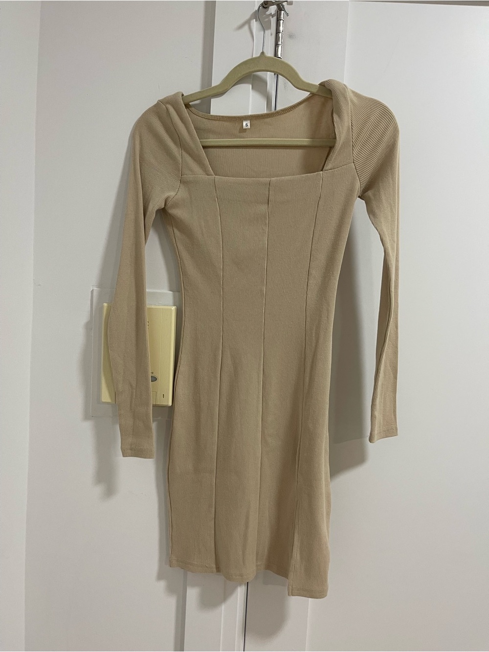 Ribbed Square-Neck Long Sleeve Dress in Beige